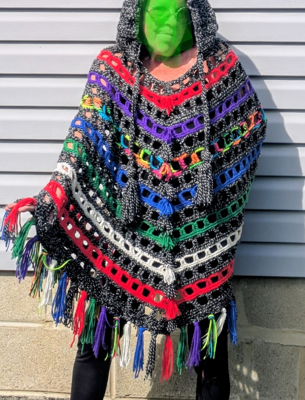 Multicolor Crochet Hooded Poncho with Fringe - Boho Accent